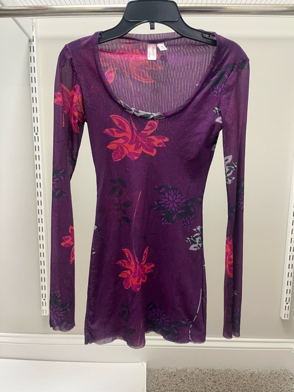 Sweet Pea Purple Floral Long Sleeve Mesh Top with Pink-Red Accents